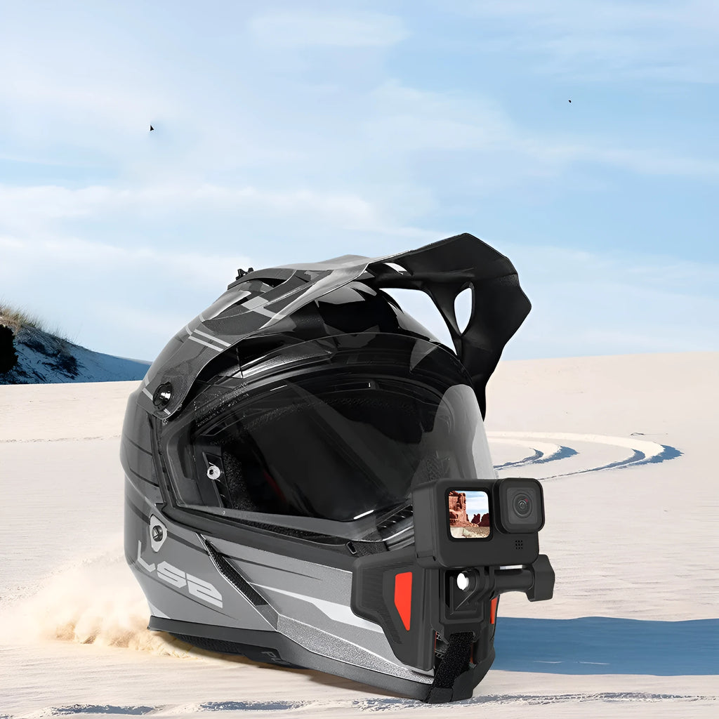 Black universal motorcycle helmet chin strap mount for GoPro and sports cameras with stainless steel buckle.