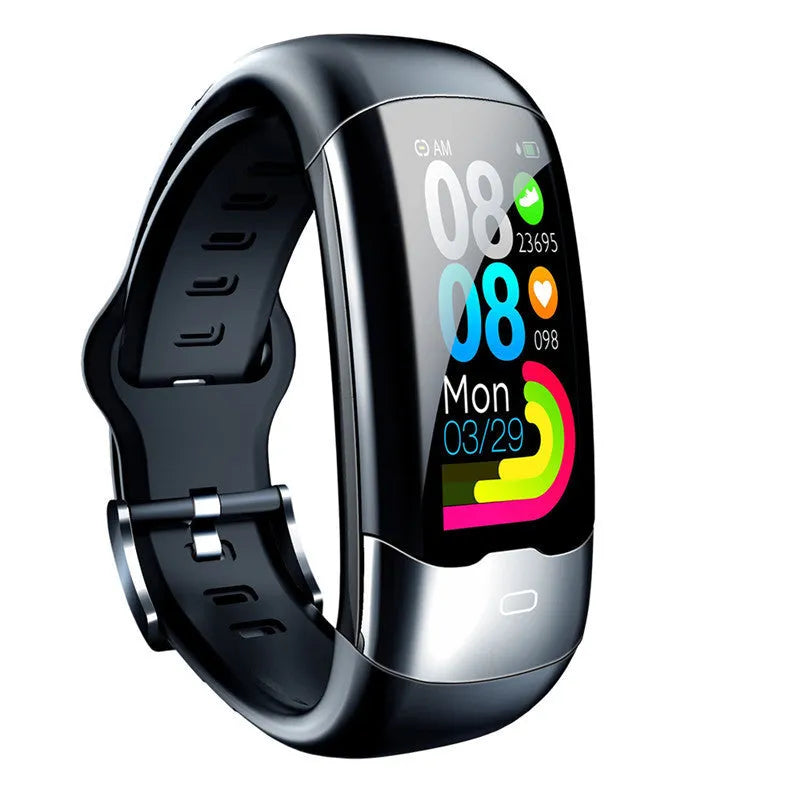 Black smart health bracelet with digital display showing heart rate data.