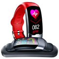 Black smart health bracelet with digital display showing heart rate data.