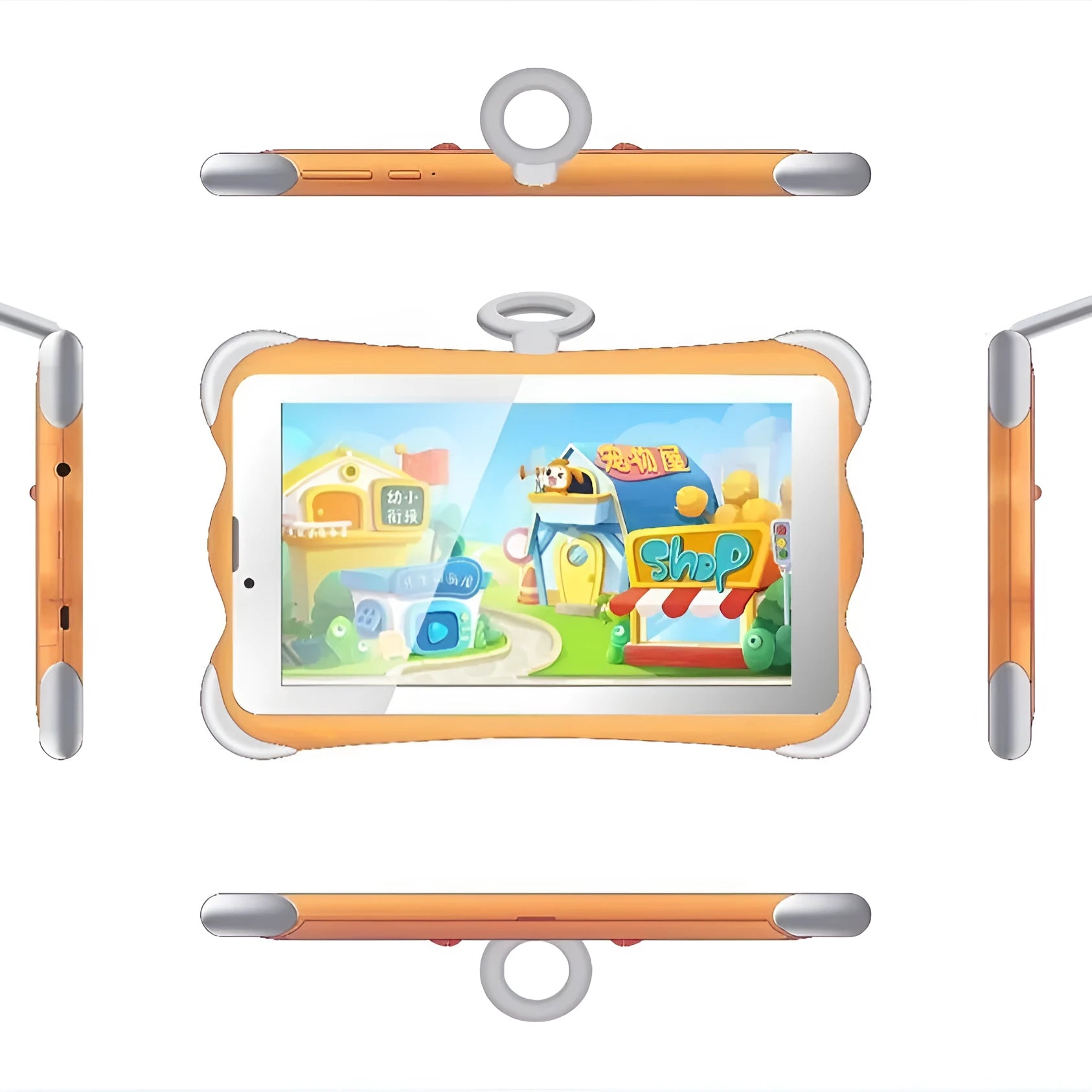 7-inch children's learning tablet in cartoon colours with stand showing 3G calling functionality