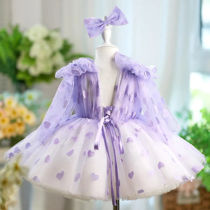 Girls purple tutu dress with bow and gauzy skirt, princess style, available in sizes 80cm to 160cm