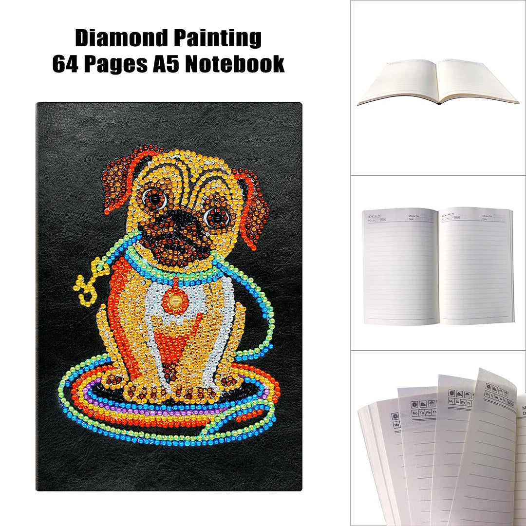 Black A5 DIY diamond painting notebook open showing pages for glitter artwork