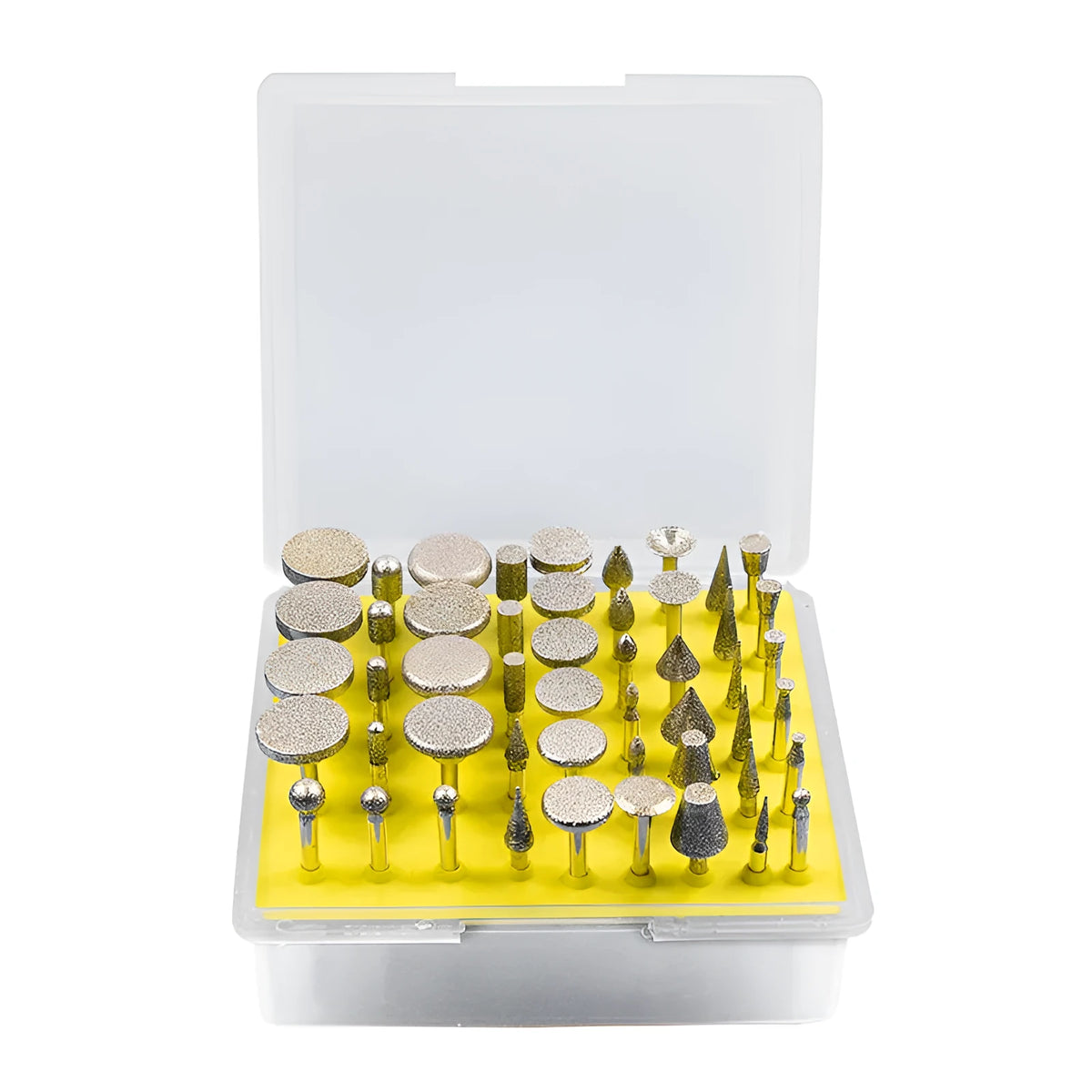 Set of alloy diamond grinding heads with elliptical cone shape and 3mm shank for rotary tools.