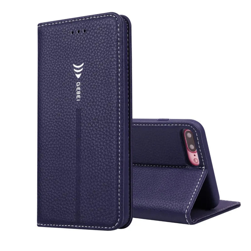 PU leather wallet phone case for iPhone with card slots in black, blue, brown, khaki, and pink colours.
