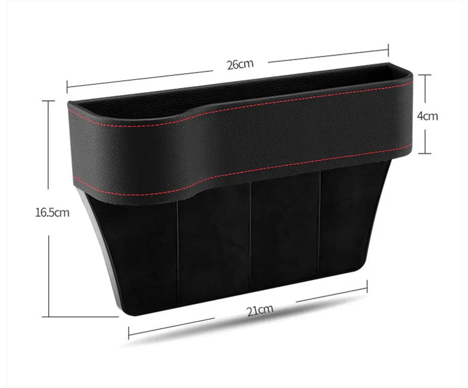 Car storage box in leather and plastic, shown in beige, black, brown, or red with left, right, or one pair options