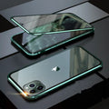 Geometric patterned glass clamshell case for iPhone in multiple colour options on a dark surface.