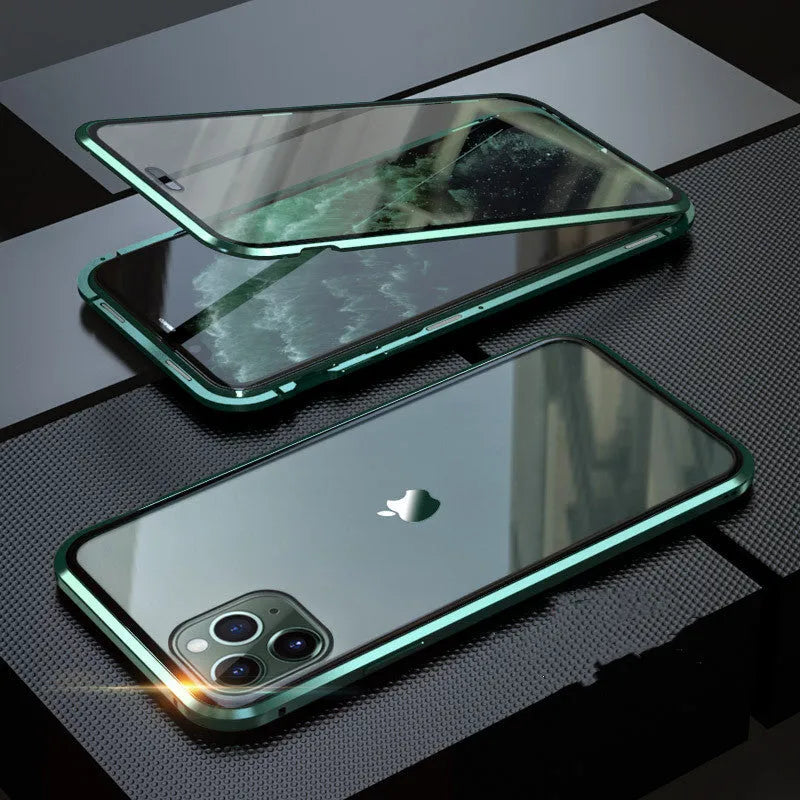 Geometric patterned glass clamshell case for iPhone in multiple colour options on a dark surface.