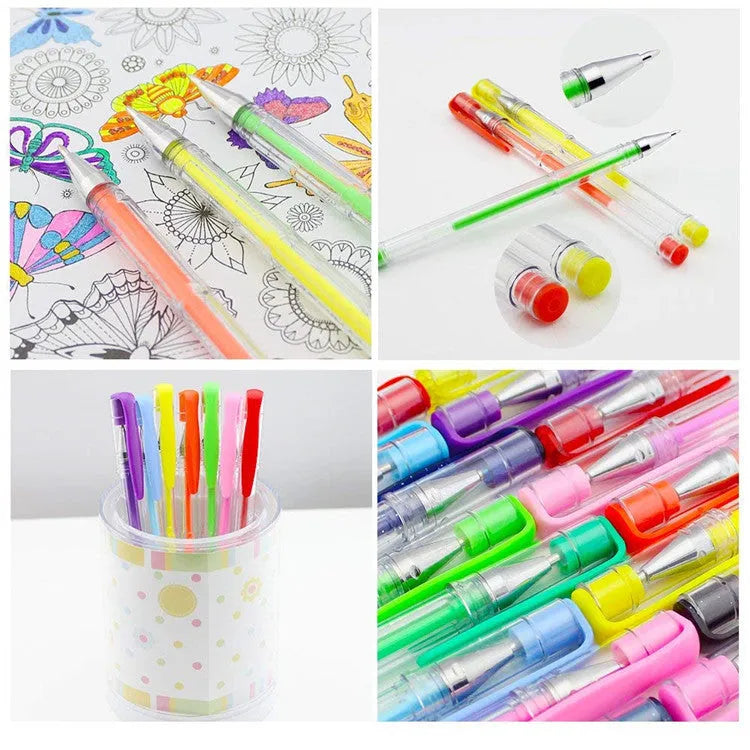 100 colour gel pen set with plastic barrels showing 0.5mm and 1mm tip sizes for writing