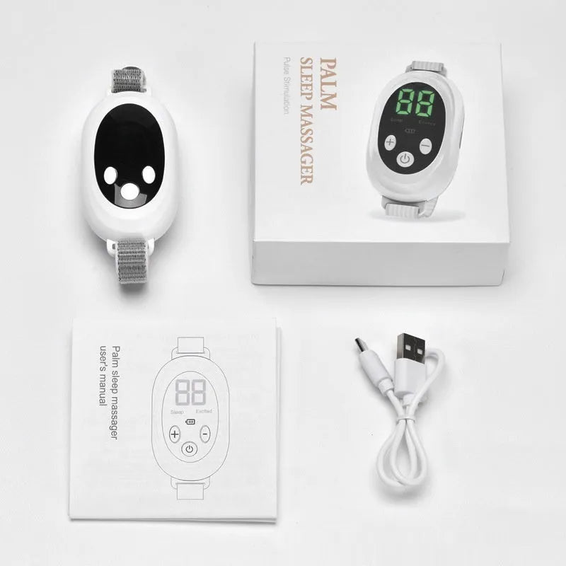 White handheld sleep aid remote control device with USB charging cable and wrist bracelet.