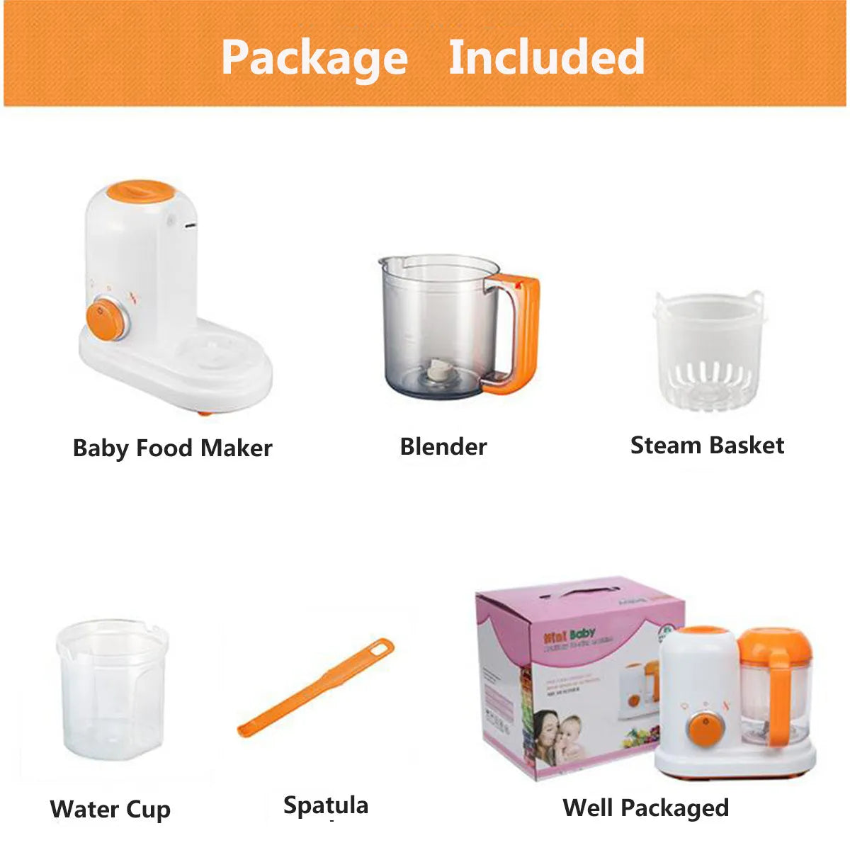 Multi-function baby food processor in light green or light pink, 190ml capacity, 23x12.8x20cm, with steam, blend and heat functions.