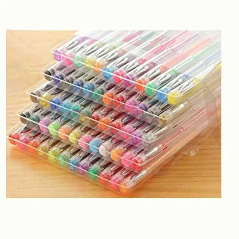 100 colour gel pen set with plastic barrels showing 0.5mm and 1mm tip sizes for writing