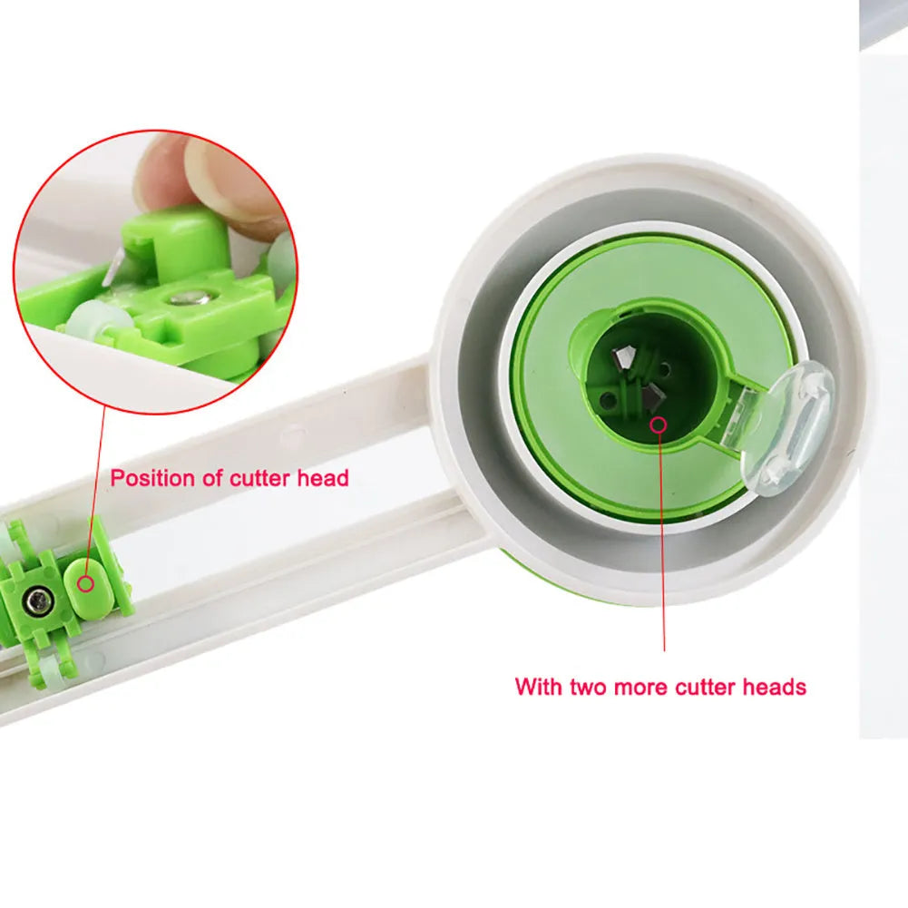 Plastic round paper cutter in orange or green colour on a colour box, showing A3 cutting size.