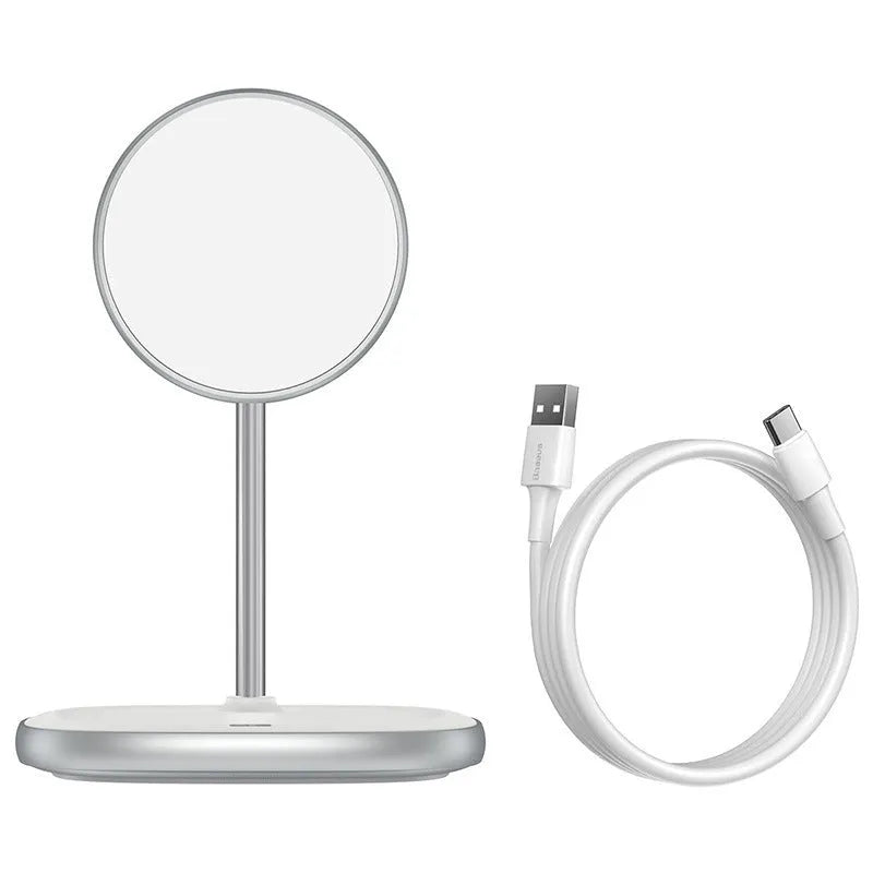 Swan Magnetic Desktop Stand Wireless Charger for iPhone 12 in black on a desk.