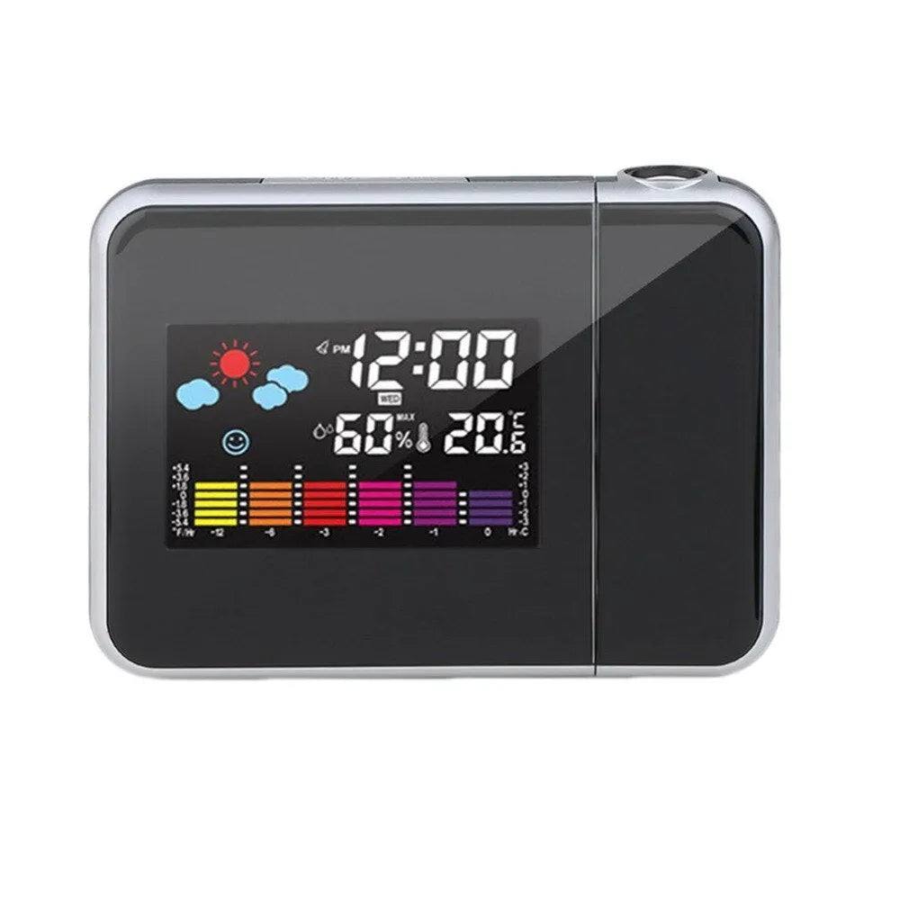 Black digital projection alarm clock with LED display showing time, temperature, and humidity.