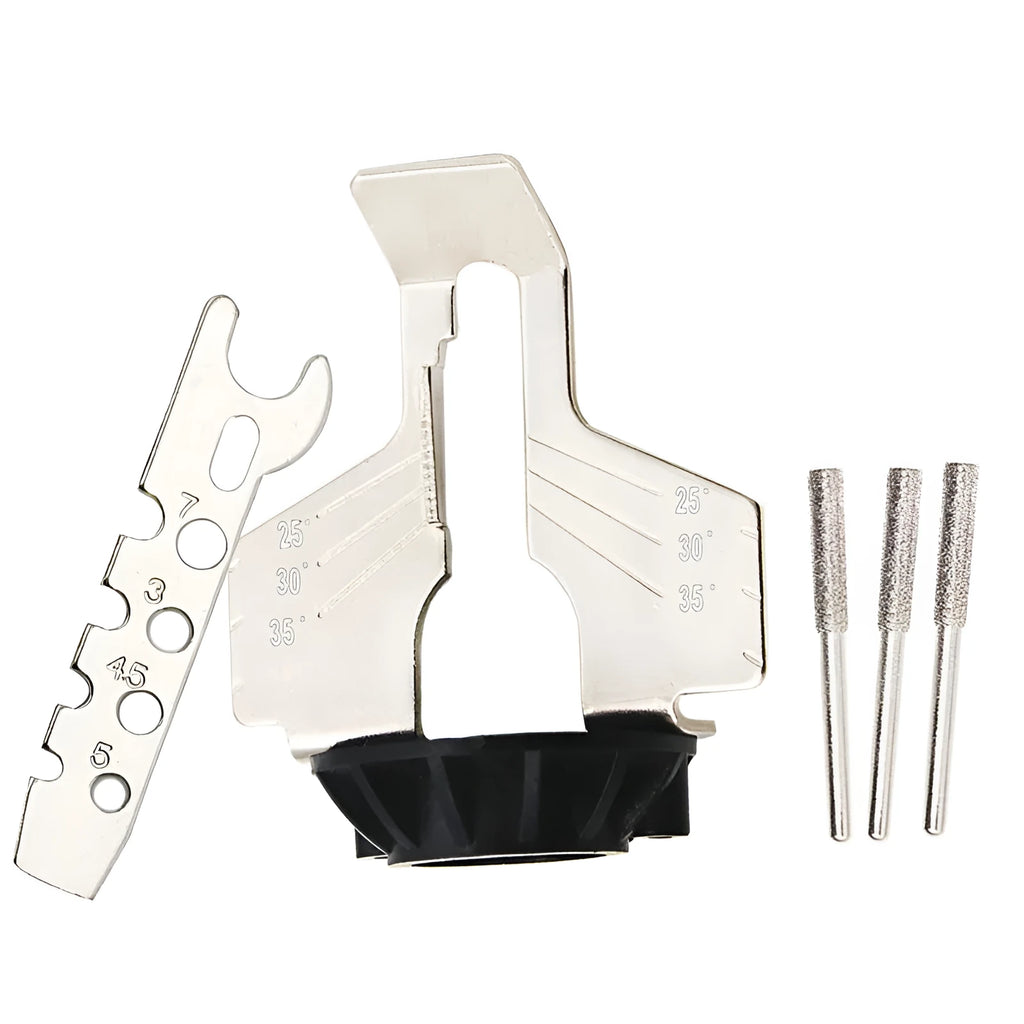 Silver metal electric chain grinding machine accessory with 100 teeth on a 20mm band saw blade.