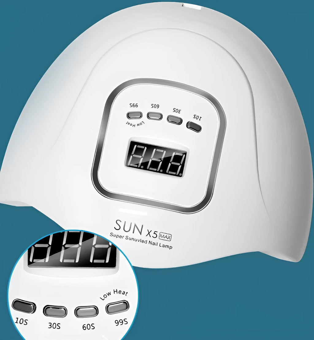 White nail polish drying lamp with dual UV LED light sources and multiple timer buttons