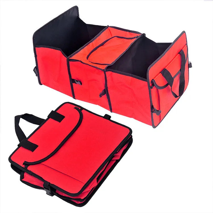 Foldable Oxford cloth car boot organiser in blue or red, unfolded size 57 x 31 x 39 cm.