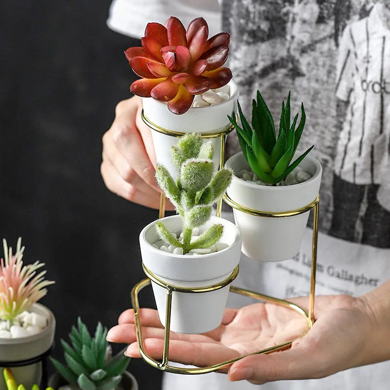 Grey pottery flower pot set with electroplated finish, shown in black grey, black white, gold grey, and gold white colour options