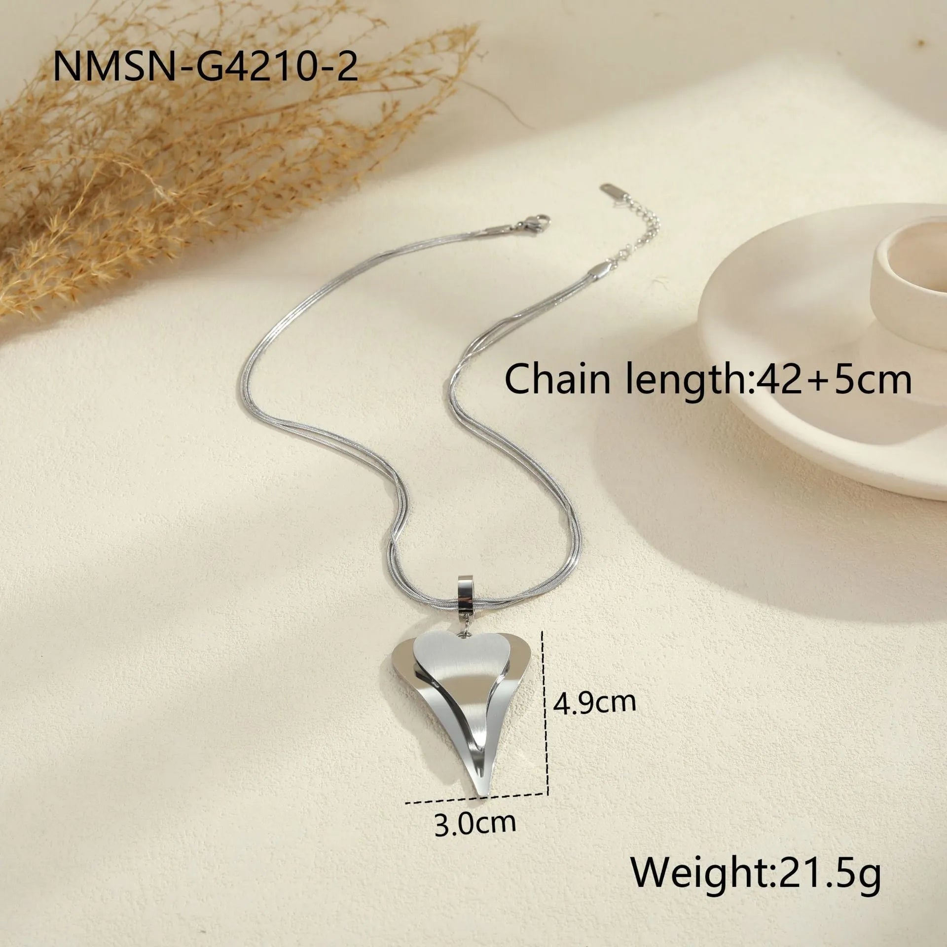 Geometric double heart pendant necklace with snake bones chain pattern in stainless steel