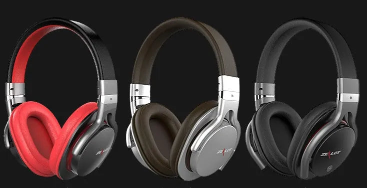 B5 wireless Bluetooth 4.0 over-ear headset with 40mm speaker and 3.5mm stereo interface, shown in black, silver, or red.