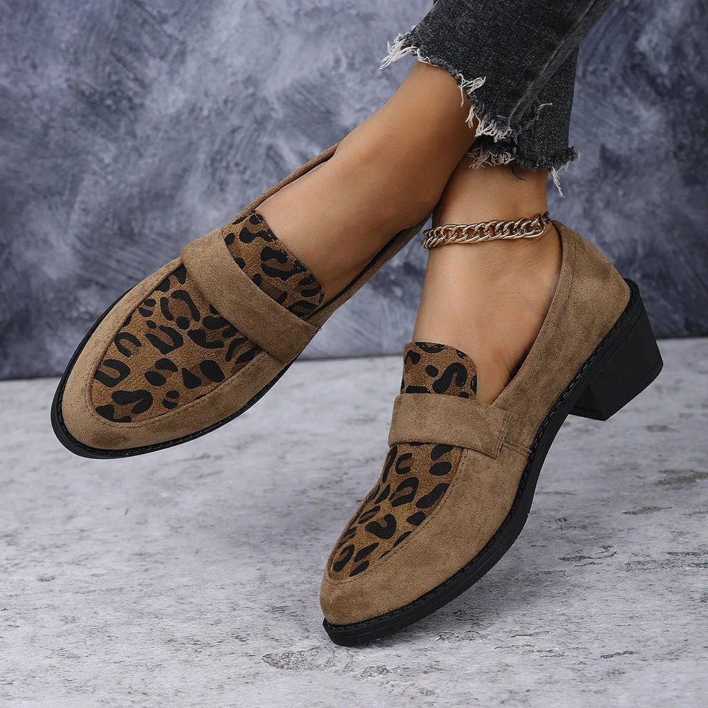 Leopard print suede slip-on shoes with chunky mid heel and pointed toe in brown, khaki, and pink