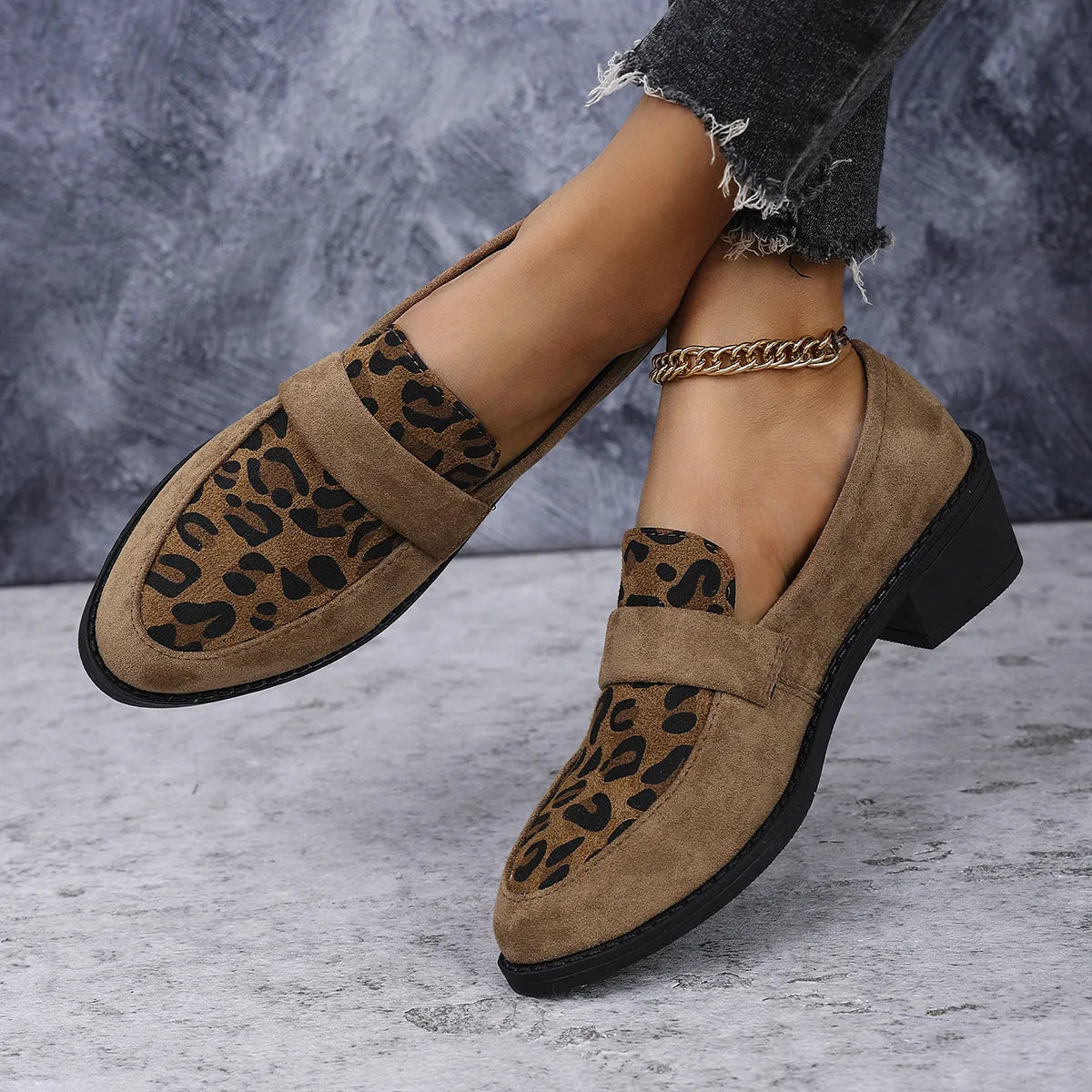 Leopard print suede slip-on shoes with chunky mid heel and pointed toe in brown, khaki, and pink