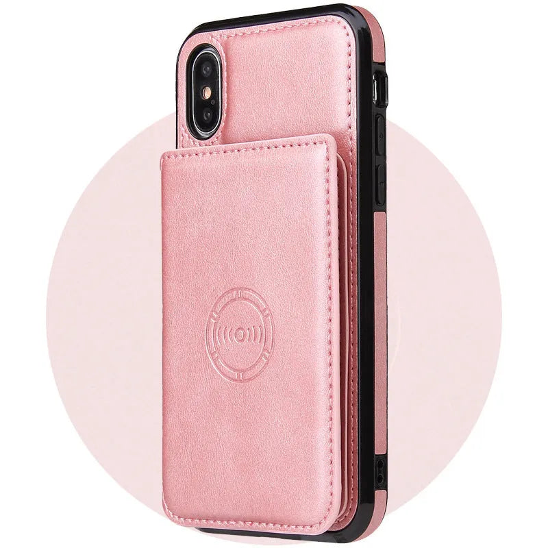 Imitation leather card wallet phone case for iPhone 11 in black, showing card slot on back.