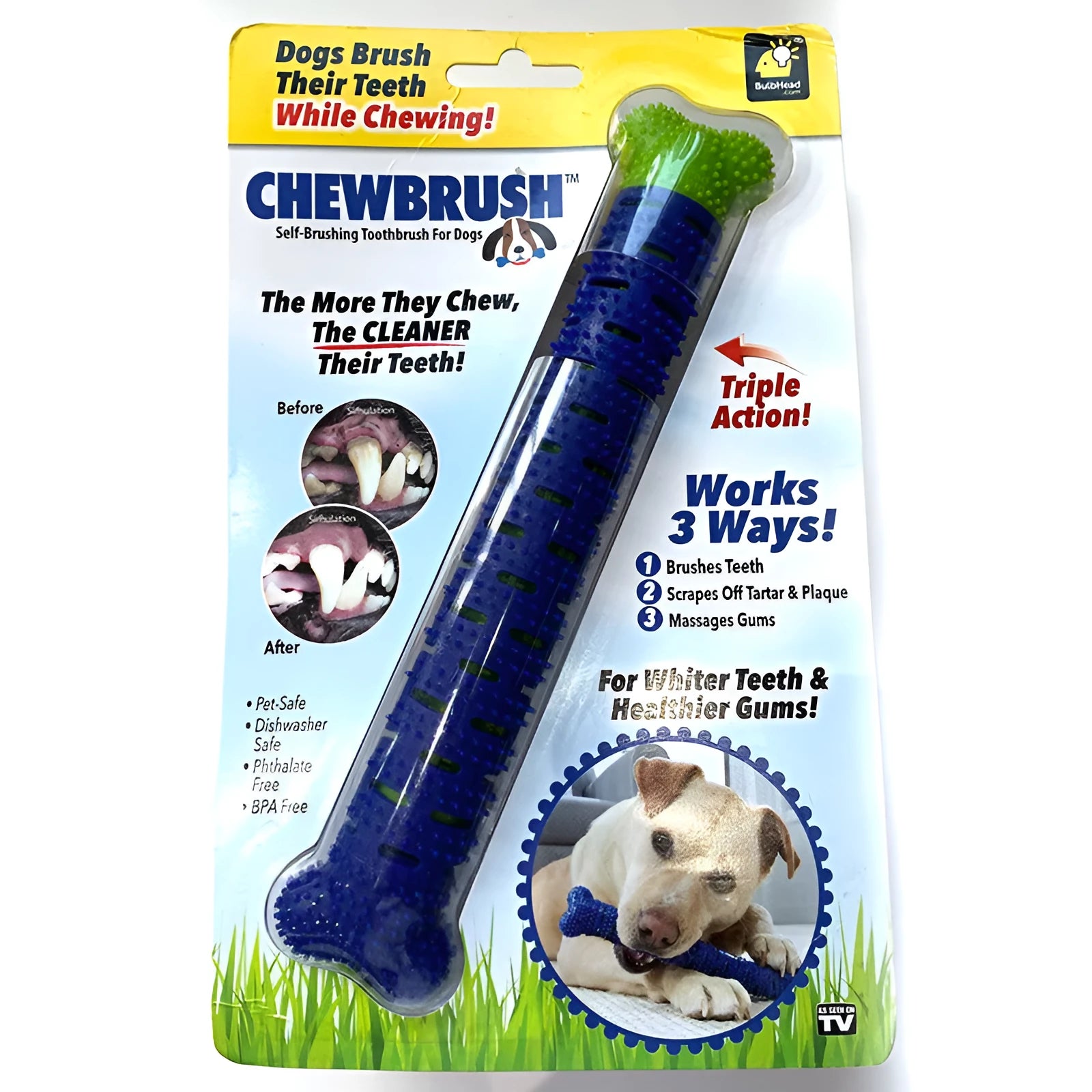 Blue silicone dog toothbrush for pet teeth cleaning measuring 25 x 5 x 4 cm