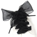 Flat, wide transparent lace shoelaces in multiple colour options on a white background.