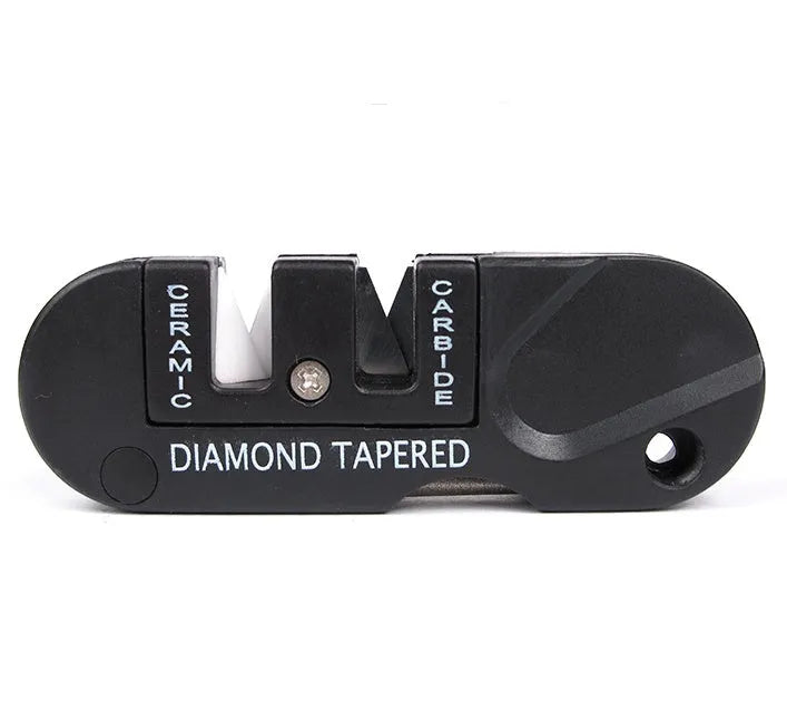 Pocket Pal compact knife sharpening tool in Black colour showing fold-out carbide blades ceramic stone and diamond rod