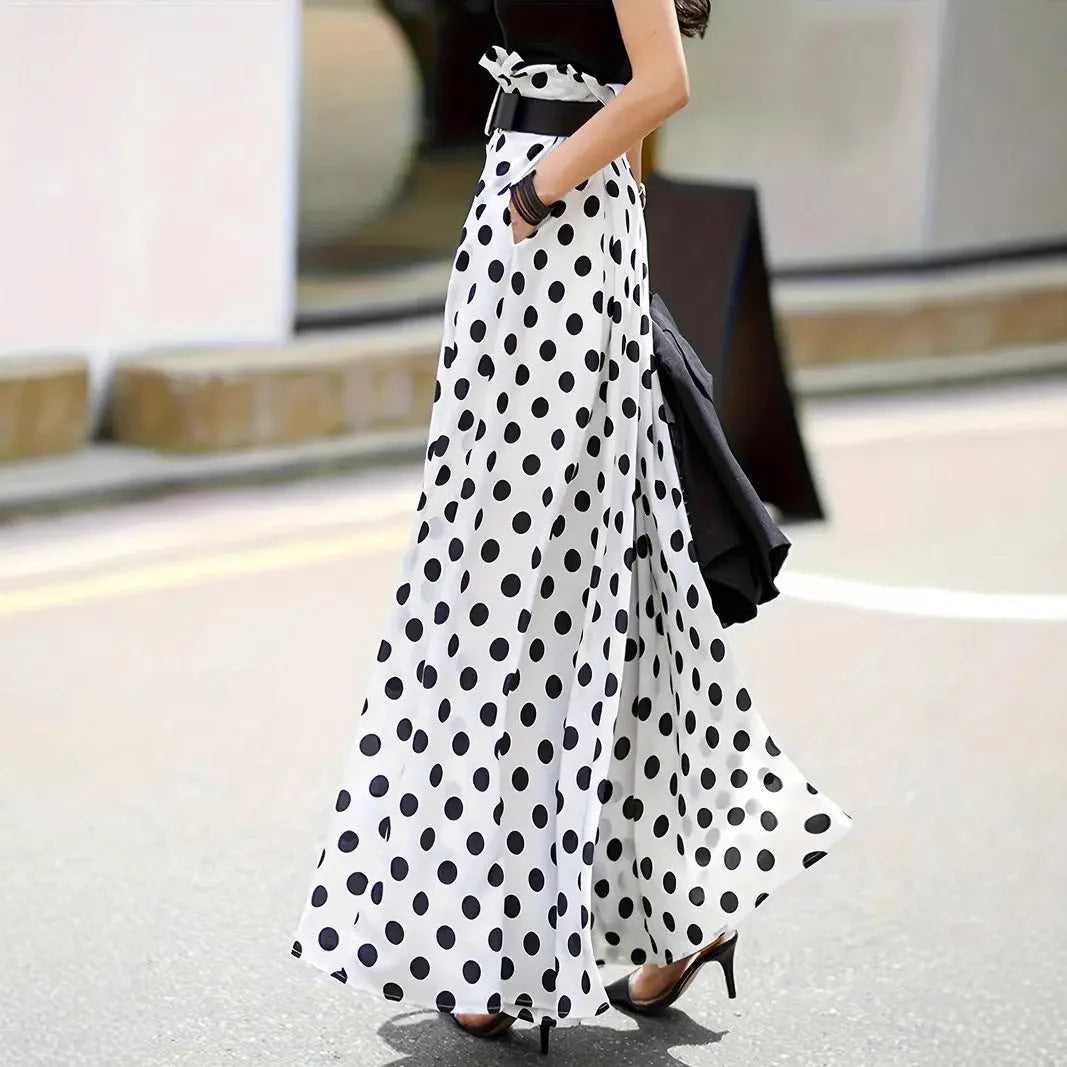 Women's white bohemian ruffled wide-leg pants with patterned bell-bottom design, polyester, casual Japanese Korean style