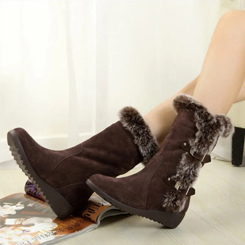 Women's mid-calf winter snow boots with faux fur lining, slip-on round toe and low heel, black or light brown