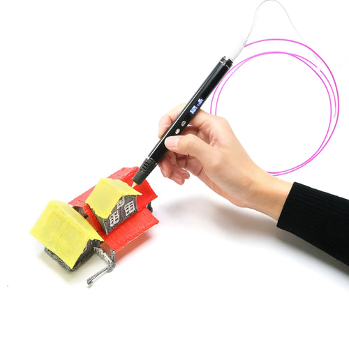 3D printing pen in hand drawing a spiral object with black filament
