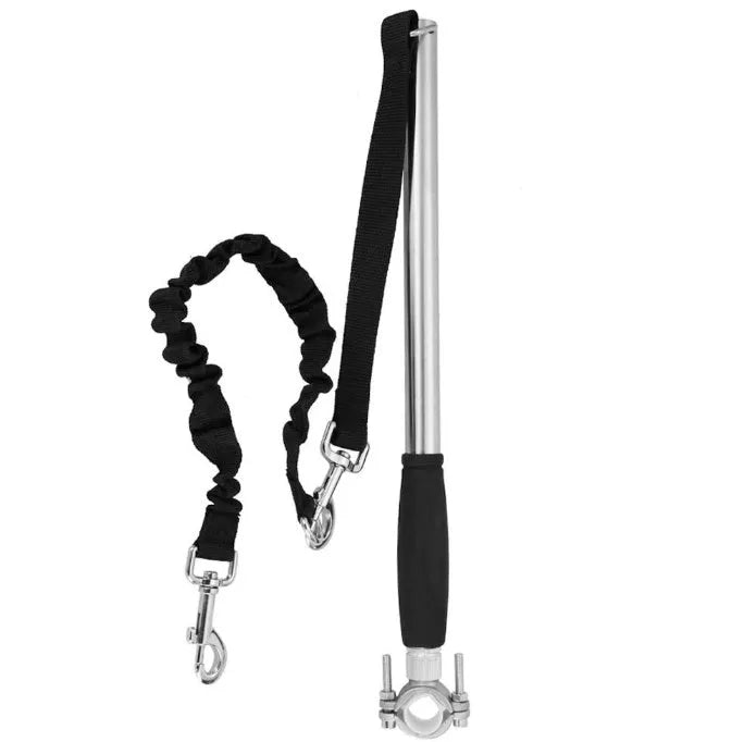 Bicycle walking dog leash stainless steel 46x2.2cm in silver attached to bike