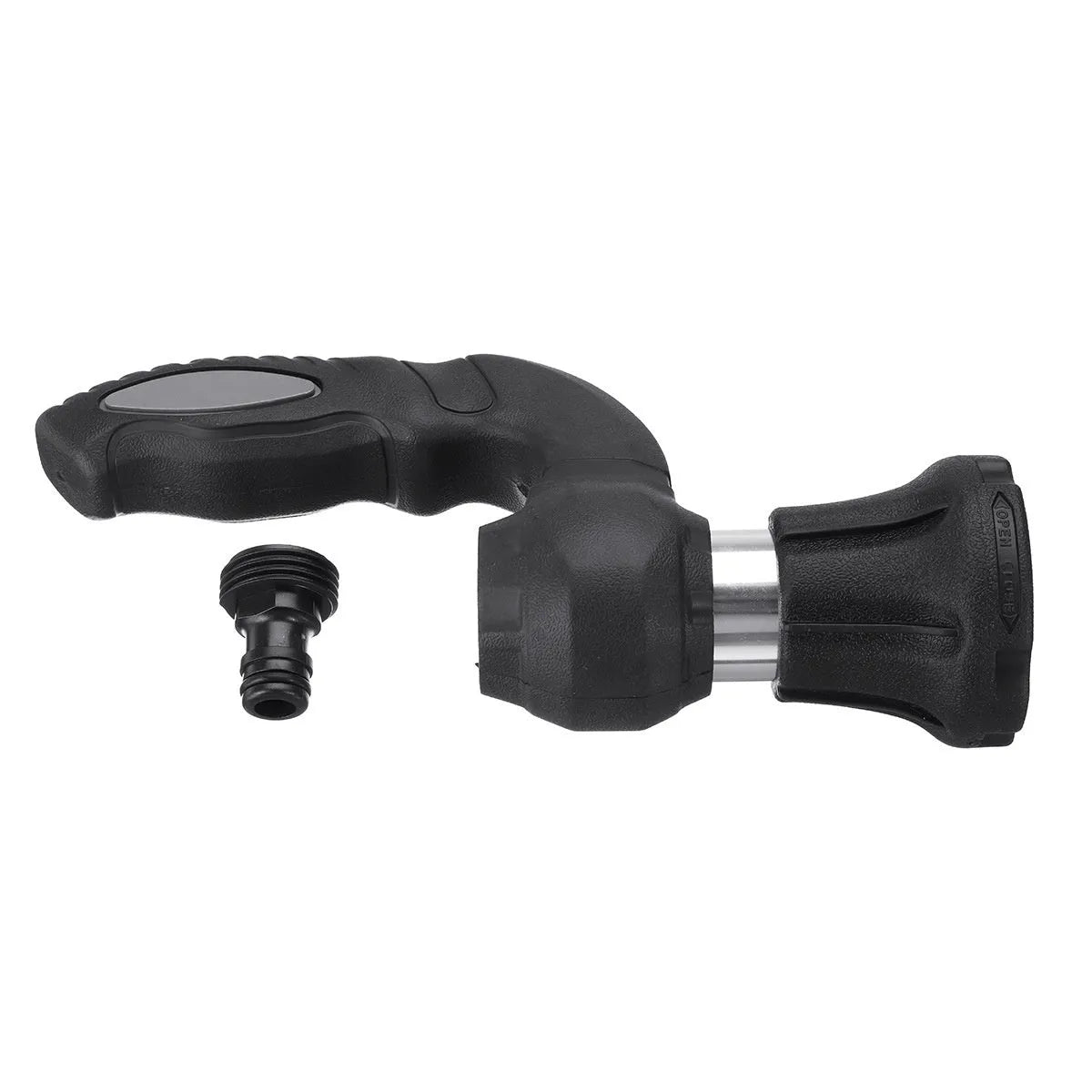 Black handheld high-pressure water spray gun with aluminium alloy gun head and ABS handle, 3 metre spray distance