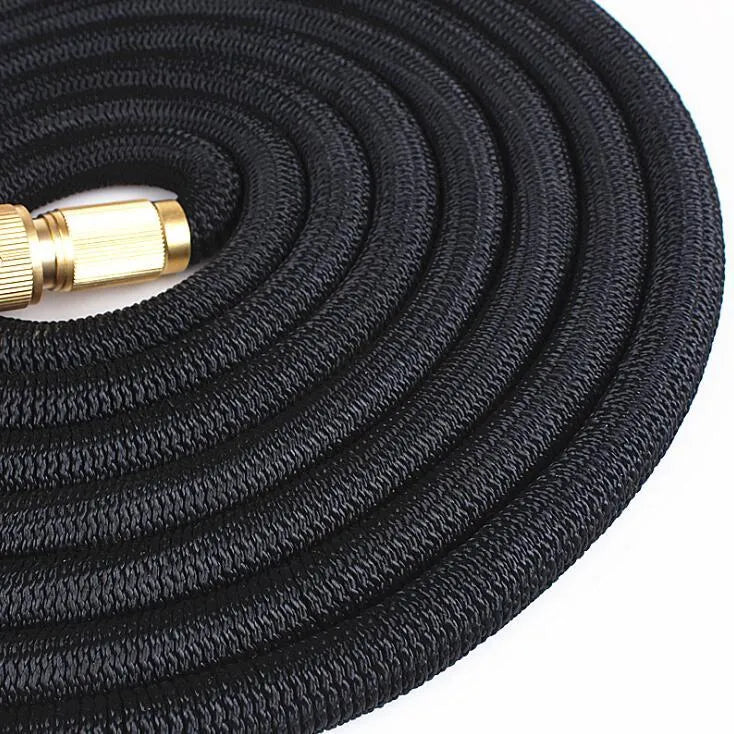 Expandable flexible water hose with braided outer sleeve, available in 25ft to 125ft sizes and Black Green Red colours.