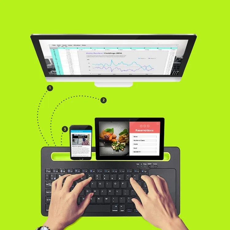 Black universal Bluetooth touch keyboard with 78 keys and touchpad for tablets and phones