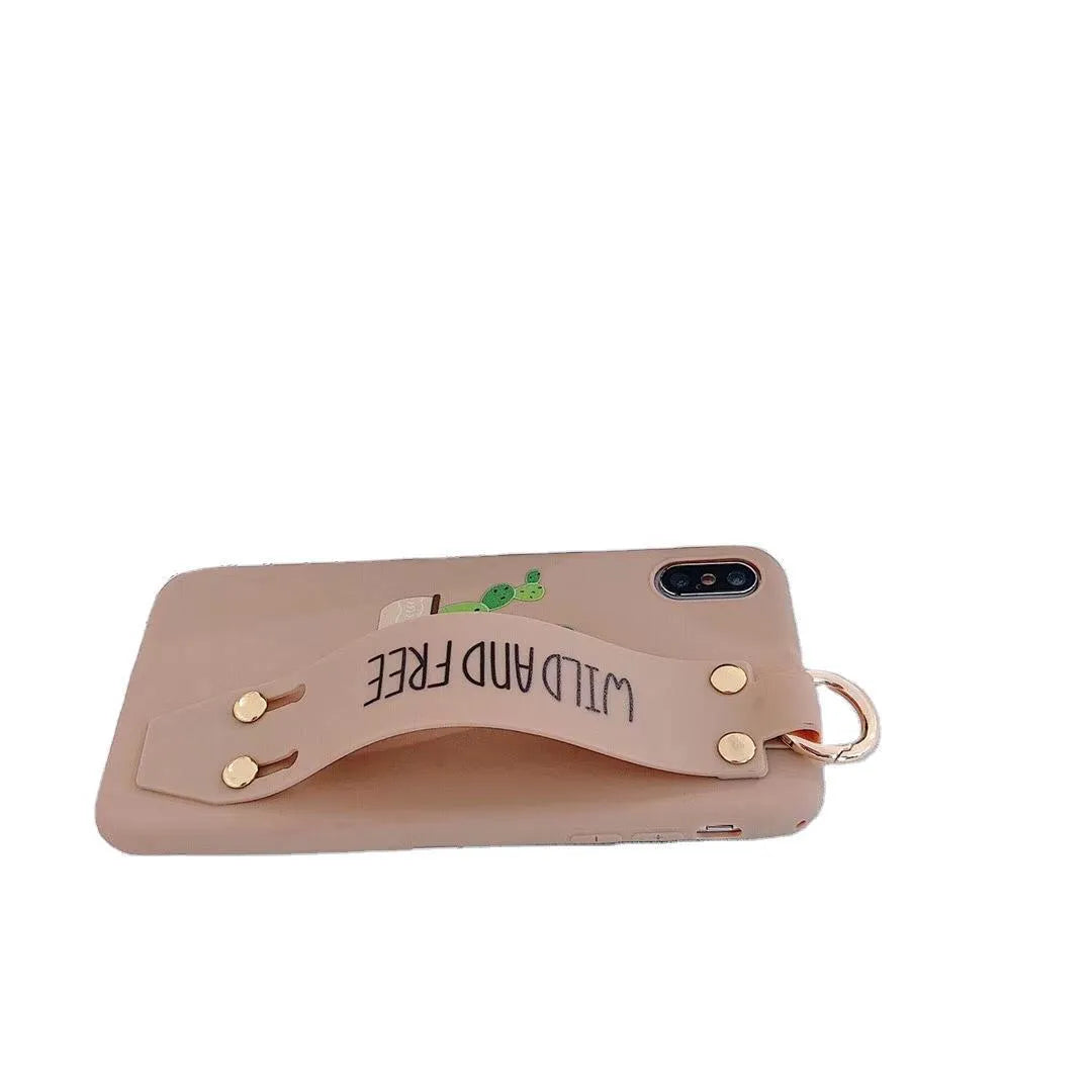 Green iPhone case with a detachable wristband and graffiti print on the back.
