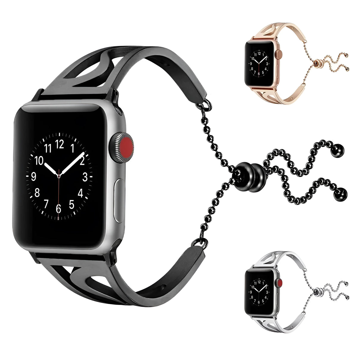 Stainless steel hollow watch strap for Apple Watch Series 4 3 2 1, adjustable, in black gold rose gold or silver