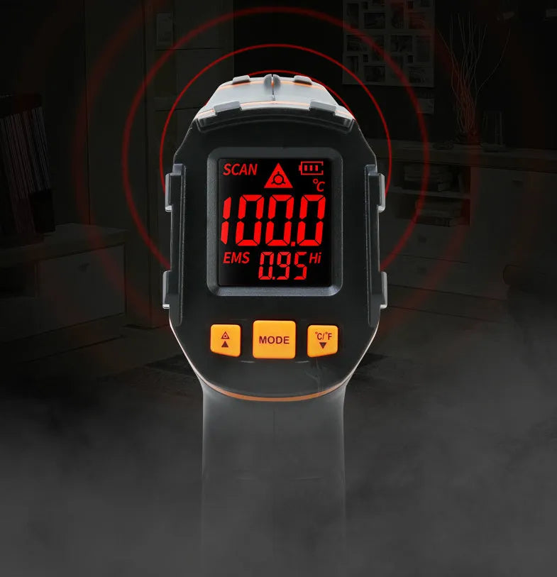 ST390A handheld infrared thermometer with laser pointer and LCD display.