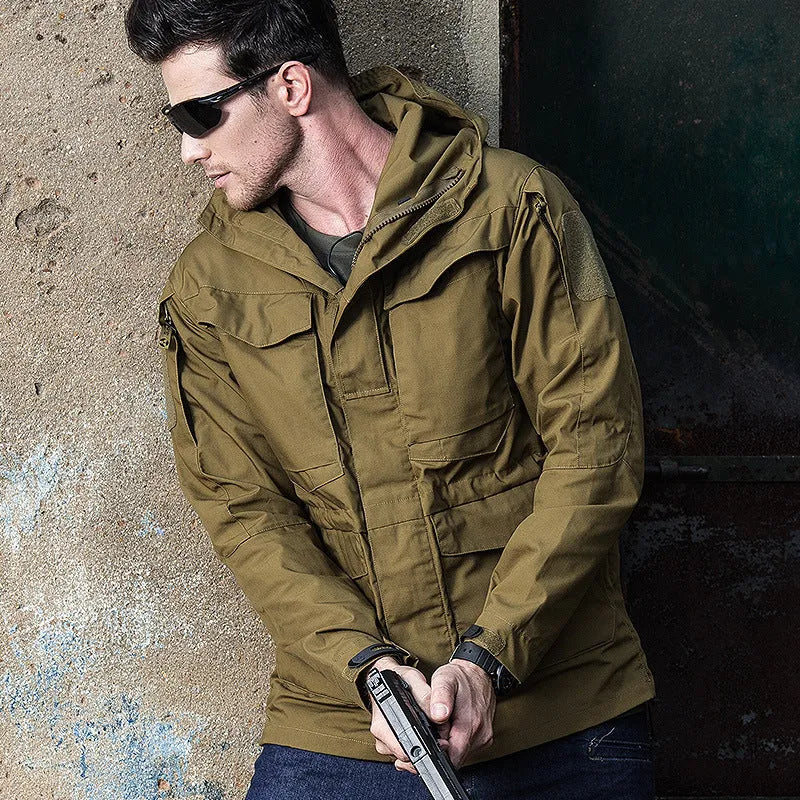 M65 UK US army style hooded field jacket in cotton blend, black camouflage or khaki, sizes S to XXL