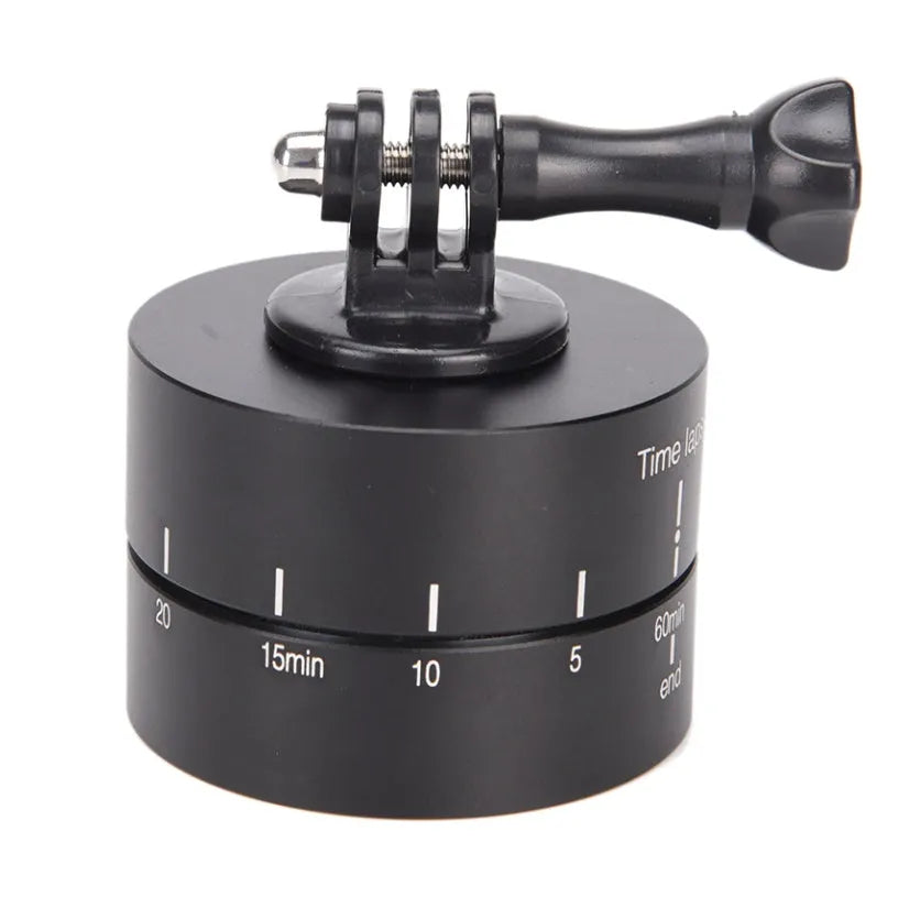 Auto-rotate 360-degree camera tripod head for GoPro and SLR timelapse photography on a tripod.