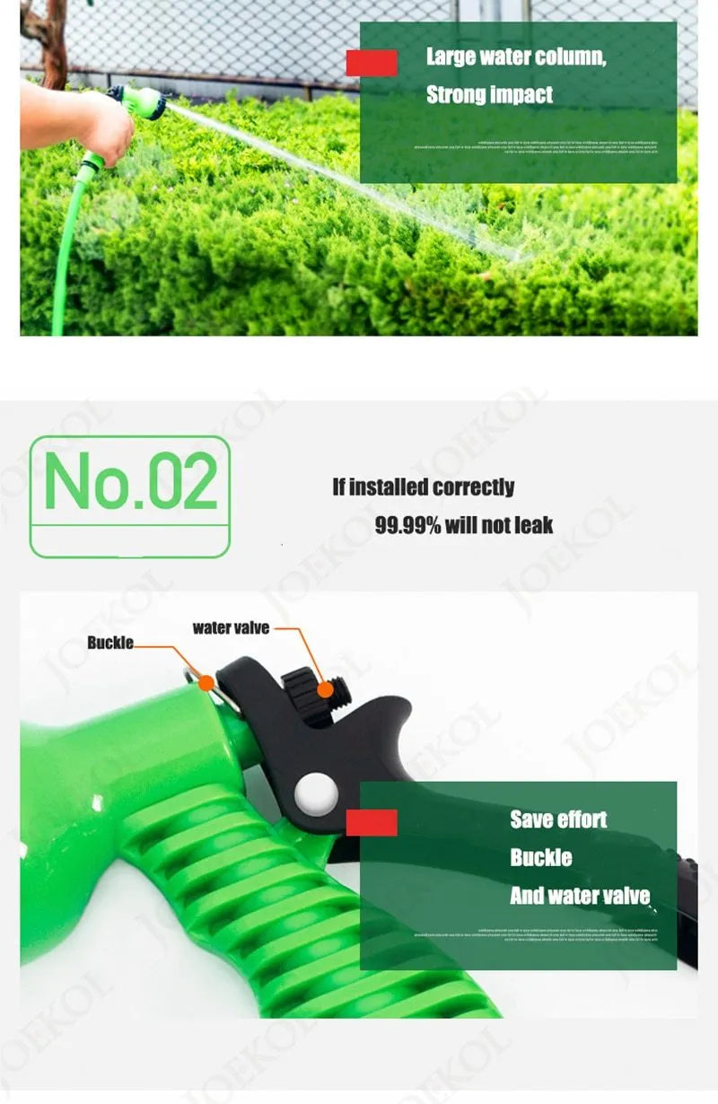Expandable flexible water hose with braided outer sleeve, available in 25ft to 125ft sizes and Black Green Red colours.