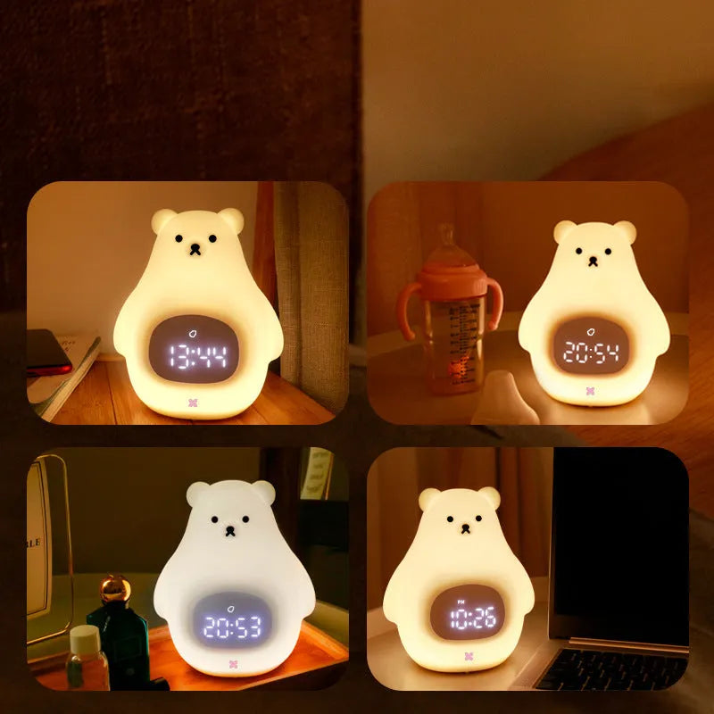 White silicone cartoon bear night light with remote control on a surface.