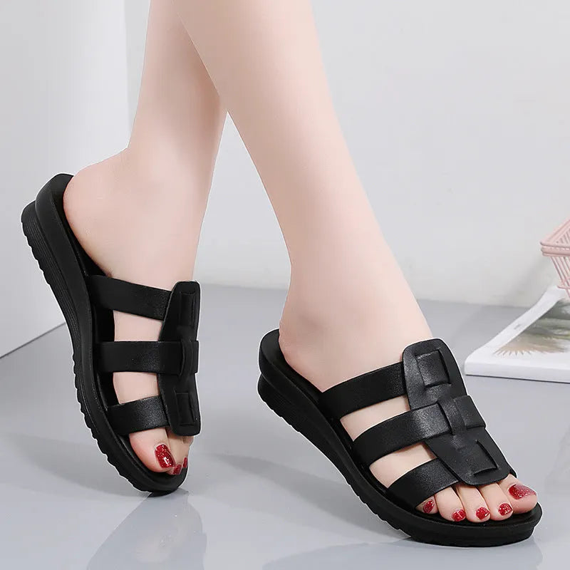 Women's flat bottom slippers in beige, black or brown with soft sole and non-slip design
