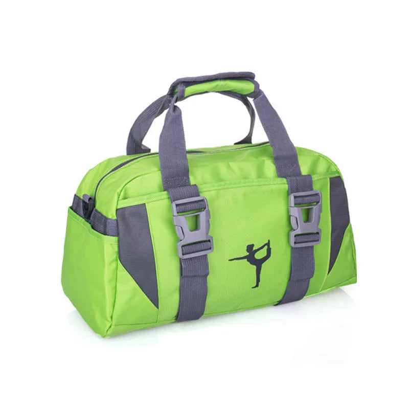 Nylon yoga gym bag showing medium and large size options in various colours including black, blue, green, pink, purple, and red