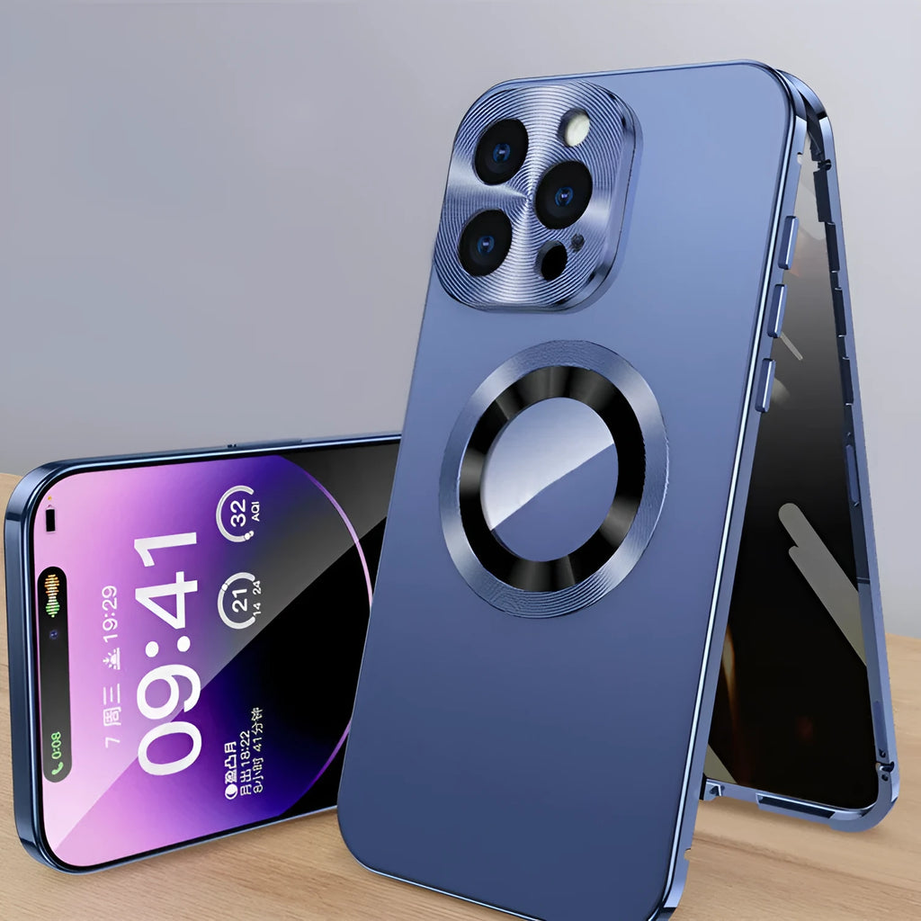 Magnetic iPhone case with anti-peep metal clip showing black, blue, gold, purple and silver colour options