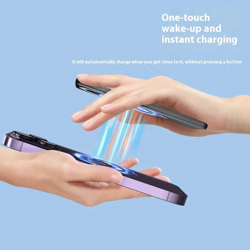 Ultra-thin magnetic power bank in alloy shell showing four colour options and compact dimensions