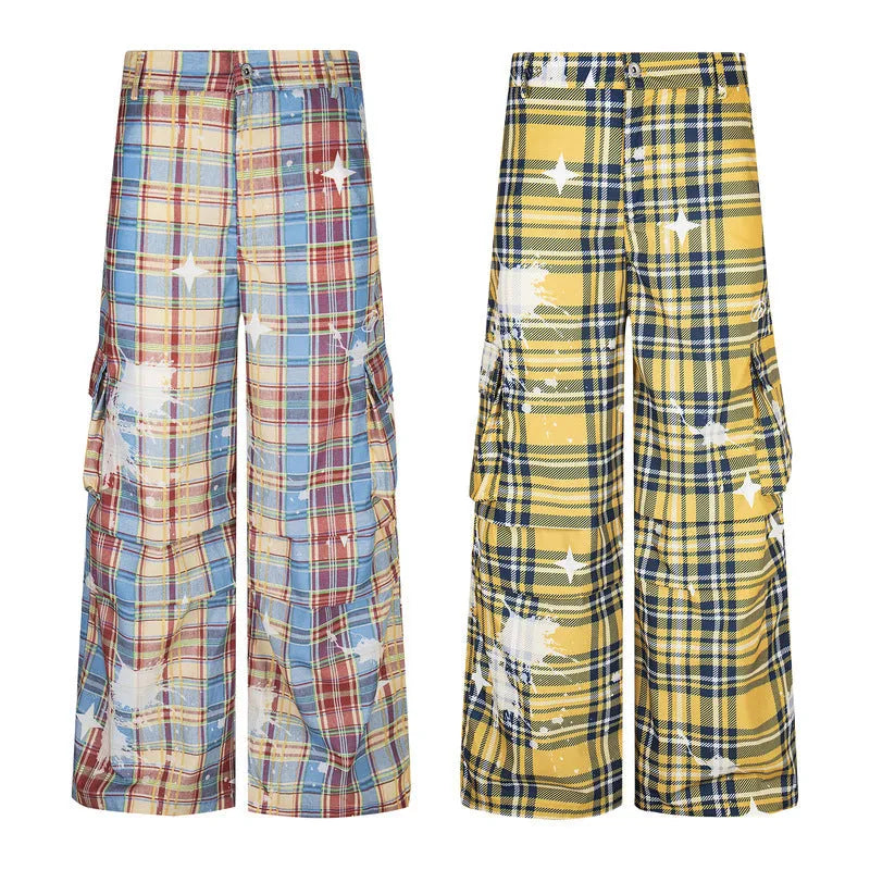 Man wearing blue retro plaid loose-fit straight leg casual trousers.