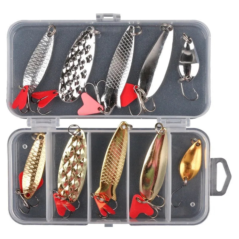 Three sets of metal sequin false baits in box iron packaging for lure fishing